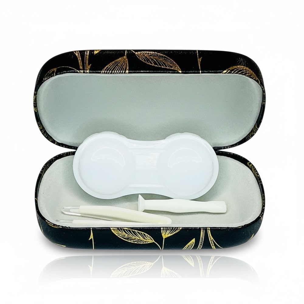 Dual Contact Lens and Eyeglasses Travel Case in Black and Gold Leaf Roses